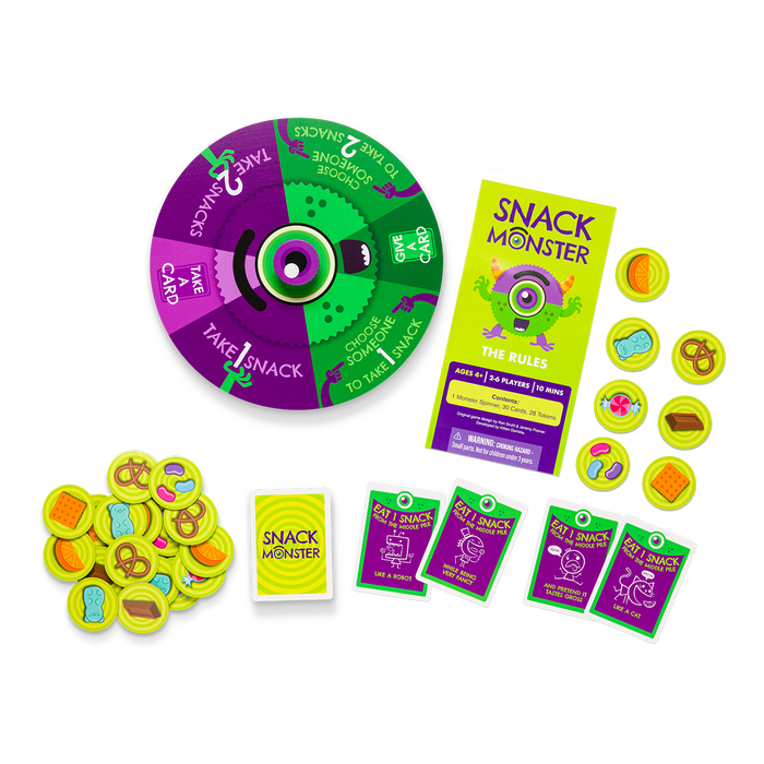 Snack Monster contents: a monster spinner, snack tokens, and cards