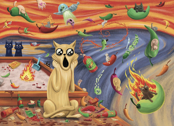 Spicy Scream puzzle art, a chaotic cartoon of a screaming cat amid chili peppers