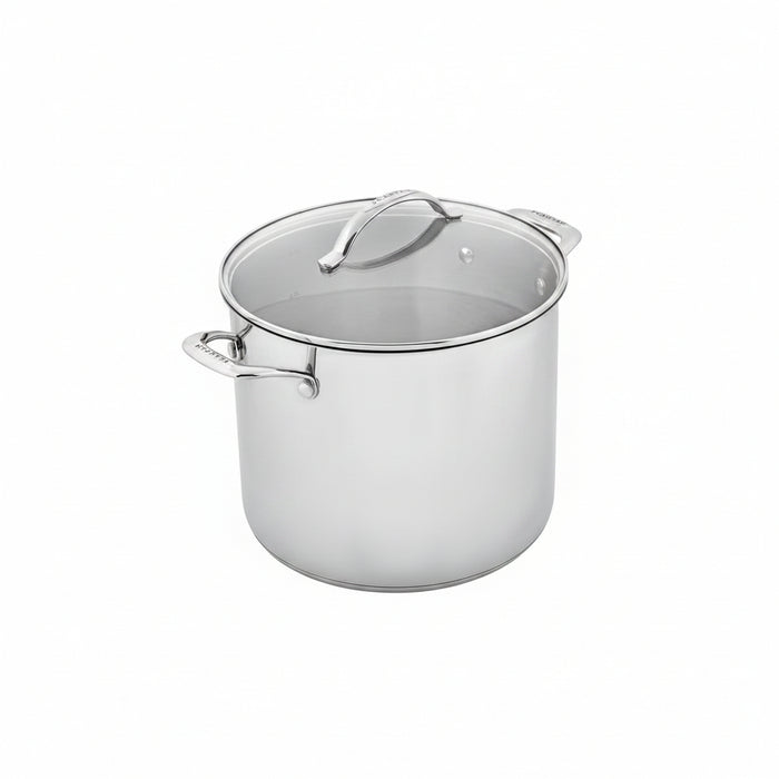 Stainless steel stock pot with lid on a white background