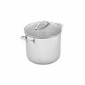 Stainless steel stock pot with lid on a white background