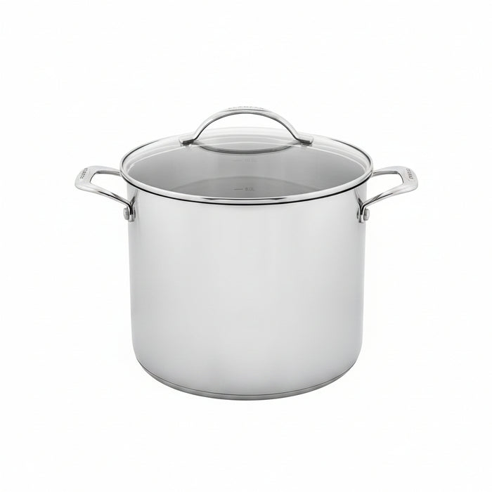 Stainless steel stock pot with lid on a white background