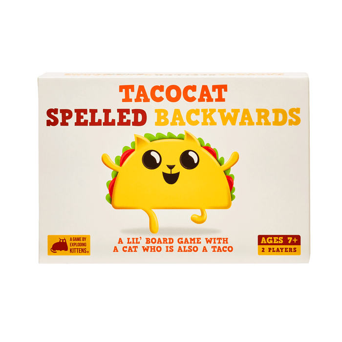 Tacocat Spelled Backwards game box front with a cartoon cat-taco character
