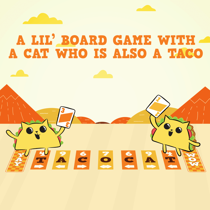 Two cartoon cat-tacos dueling with tagline 'a lil board game with a cat who is also a taco'