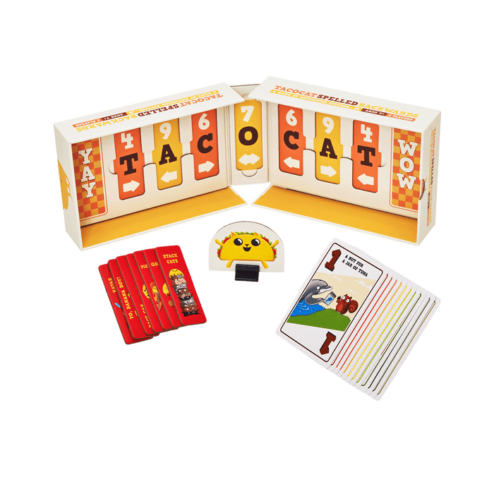 Tacocat Spelled Backwards contents: a foldout game board, dice, and cards
