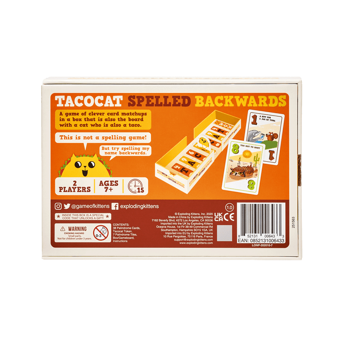 Tacocat Spelled Backwards game box back with how-to-play and details