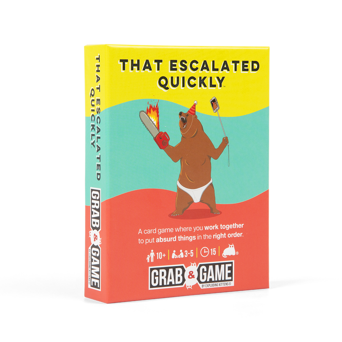 That Escalated Quickly Grab & Game Edition box at an angle with a cartoon bear