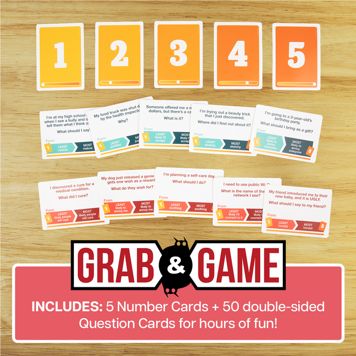 That Escalated Quickly Grab & Game contents: 5 number cards and 50 question cards