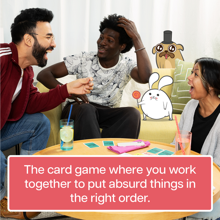 Friends playing That Escalated Quickly Grab & Game, ranking absurd things in order