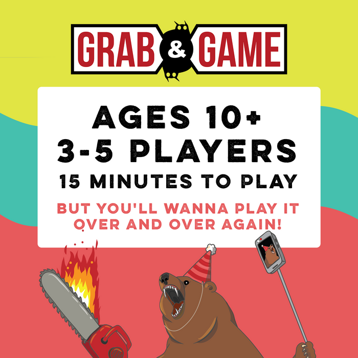 That Escalated Quickly Grab & Game info graphic: ages 10+, 3-5 players, 15 minutes