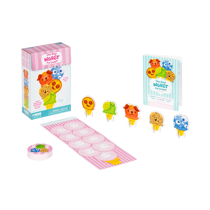 The Best Worst Ice Cream components: ice-cream character cards, board, and pieces