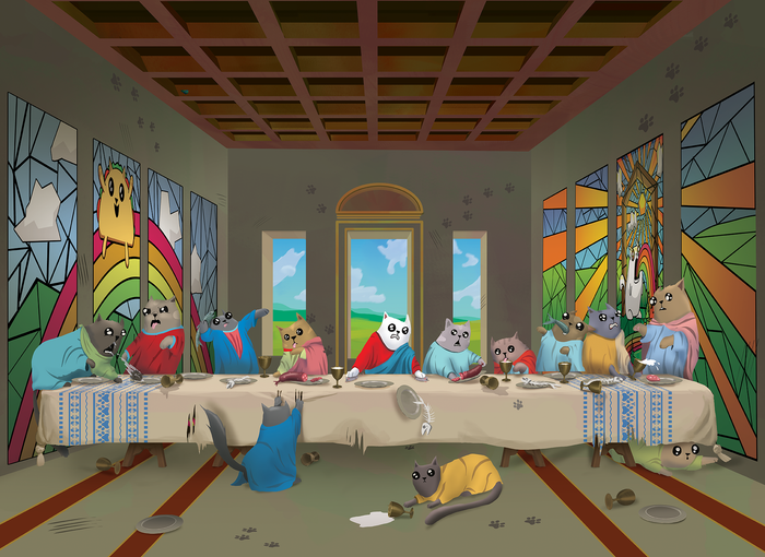 The Cat's Last Supper puzzle art, cats parodying da Vinci's Last Supper