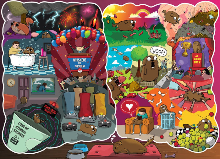 Dreams and Nightmares of a Dog puzzle art, a busy cartoon of a dog's dreams