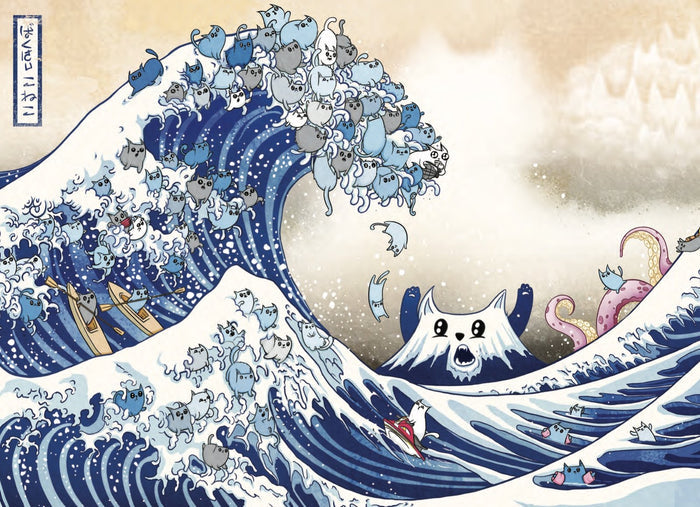 The Great Wave off Cat-a-gawa puzzle art, cats parodying Hokusai's Great Wave