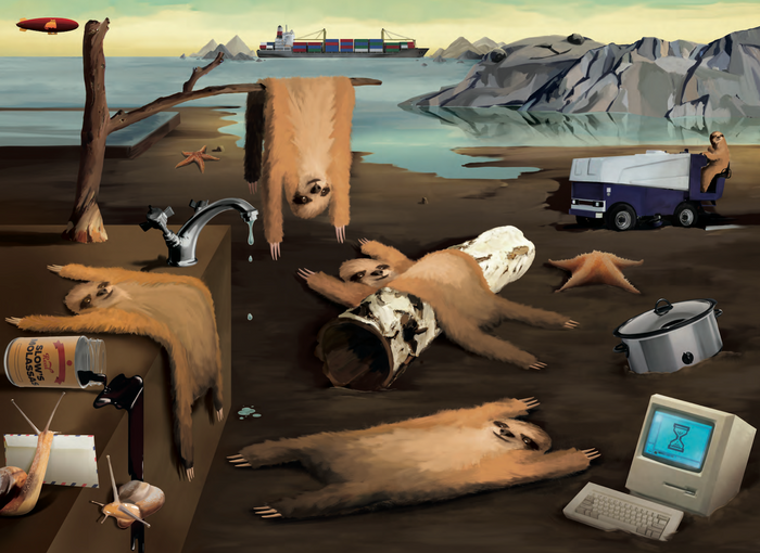 The Slothness of Memory puzzle art, sloths parodying Dali's Persistence of Memory