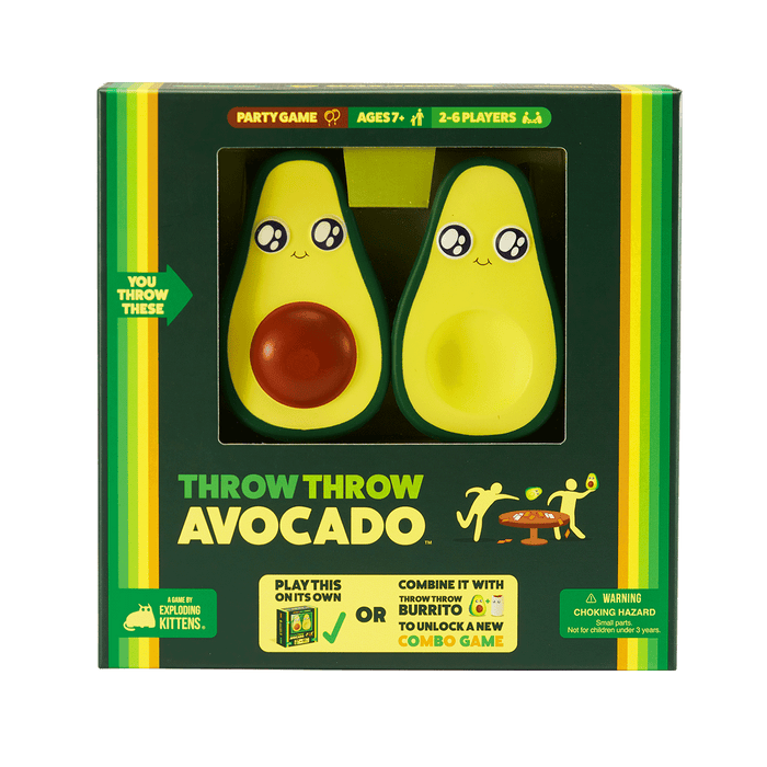 Throw Throw Avocado game box front, a green box with two cartoon avocados