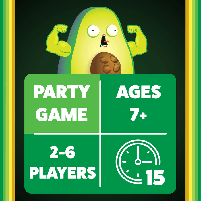 Throw Throw Avocado info graphic: party game, ages 7+, 2-6 players, 15 minutes