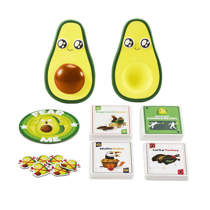 Throw Throw Avocado contents: two foam avocados and game cards