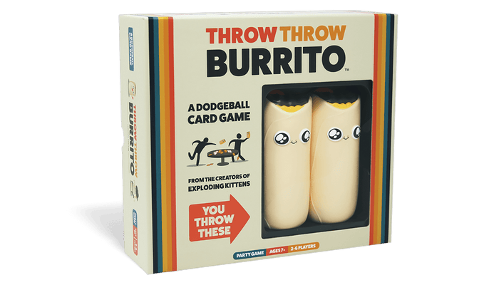 Throw Throw Burrito game box, a dodgeball card game with cartoon burritos