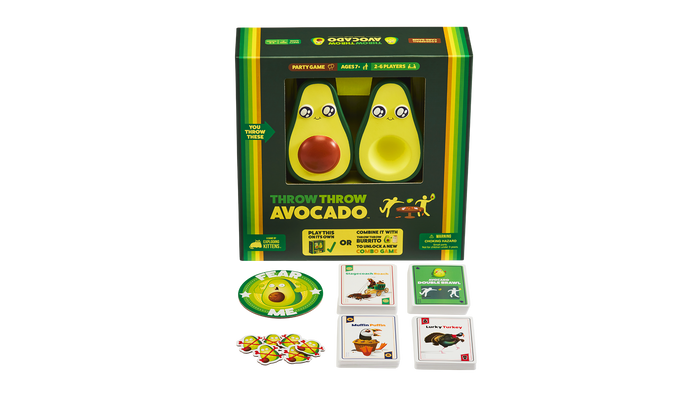Throw Throw Avocado game box shown with its cards and components