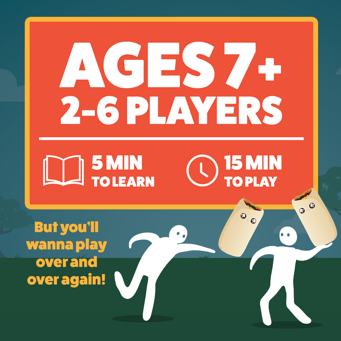 Throw Throw Burrito Extreme Outdoor info graphic: ages 7+, 2-6 players, 15 minutes