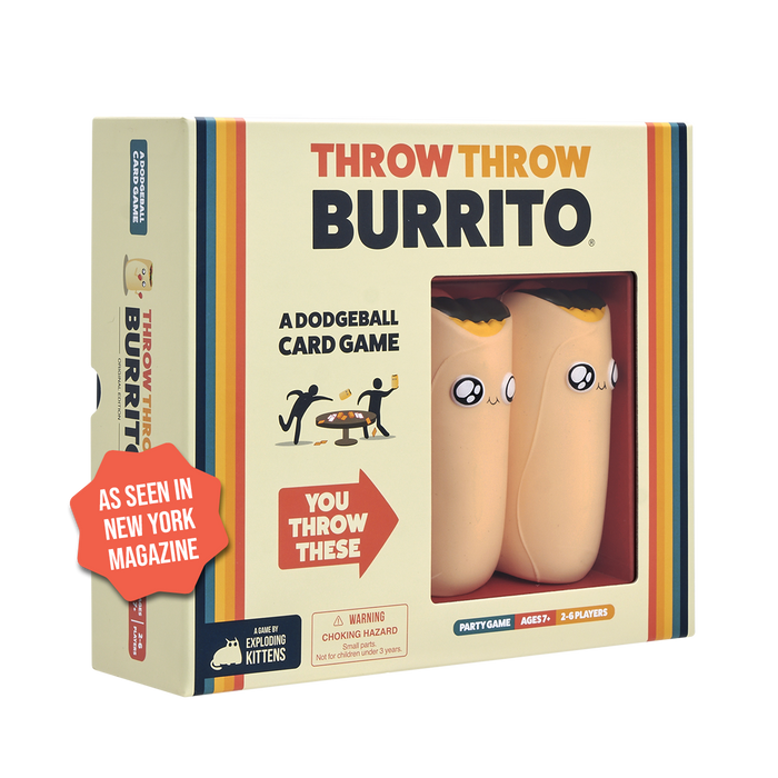 Throw Throw Burrito game box at an angle, a dodgeball card game with cartoon burritos