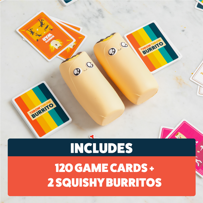 Throw Throw Burrito contents: 120 game cards and 2 squishy foam burritos