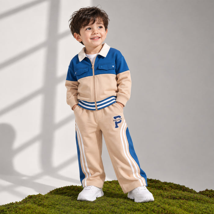 Toddler Boys Coord Set in Beige with Warm Fabric Full-Zip Jacket & Drawstring Track Pants