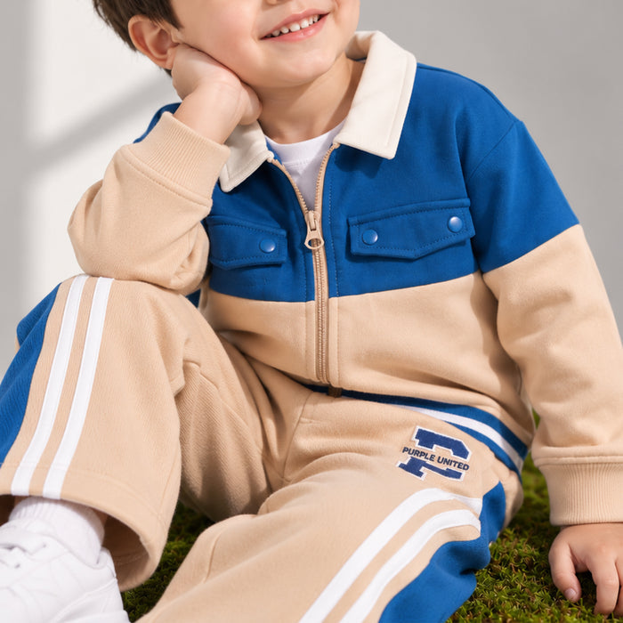 Toddler Boys Coord Set in Beige with Warm Fabric Full-Zip Jacket & Drawstring Track Pants