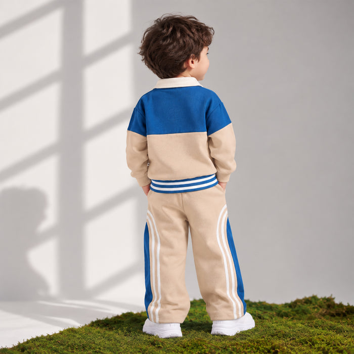 Toddler Boys Coord Set in Beige with Warm Fabric Full-Zip Jacket & Drawstring Track Pants