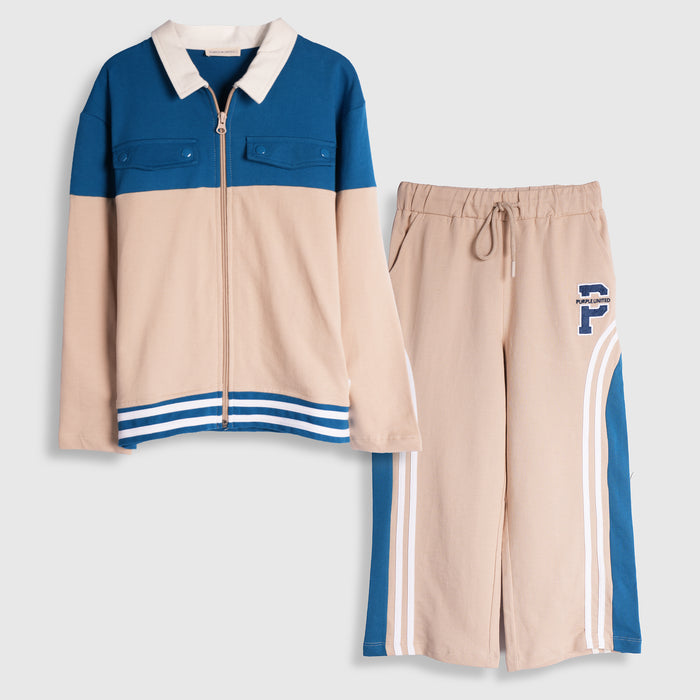 Toddler Boys Coord Set in Beige with Warm Fabric Full-Zip Jacket & Drawstring Track Pants