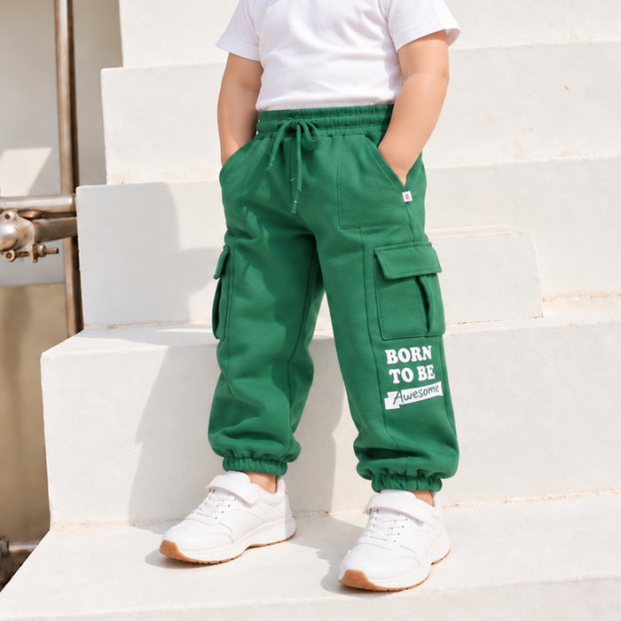 Toddler Boys Lower in Dark Green with Cargo Pockets, Drawstring Waist & Cuffed Hem