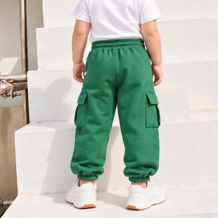 Toddler Boys Lower in Dark Green with Cargo Pockets, Drawstring Waist & Cuffed Hem