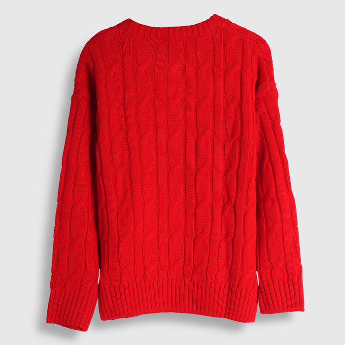 Toddler Boys Sweater in Red with Knit Texture, Warm Fabric, Crew Neck & Ribbed Finish