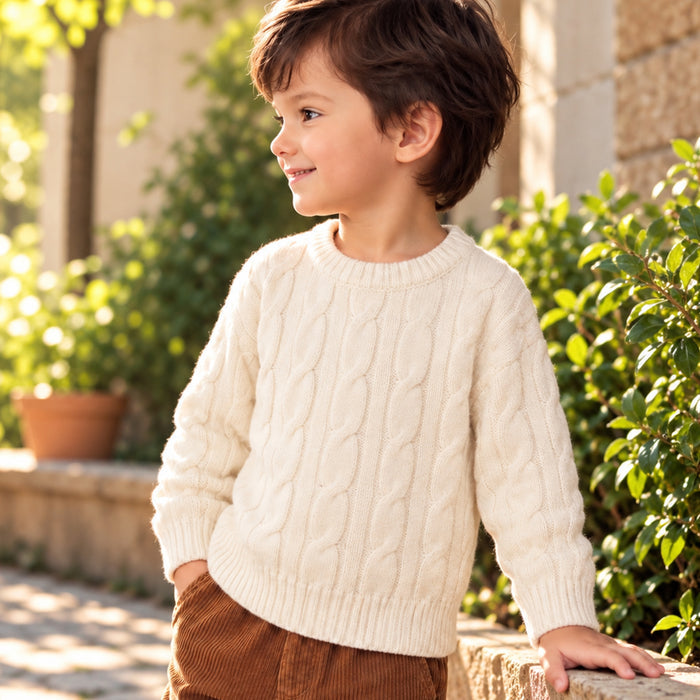 Toddler Boys Sweater in White with Knit Texture, Warm Fabric, Crew Neck & Ribbed Finish