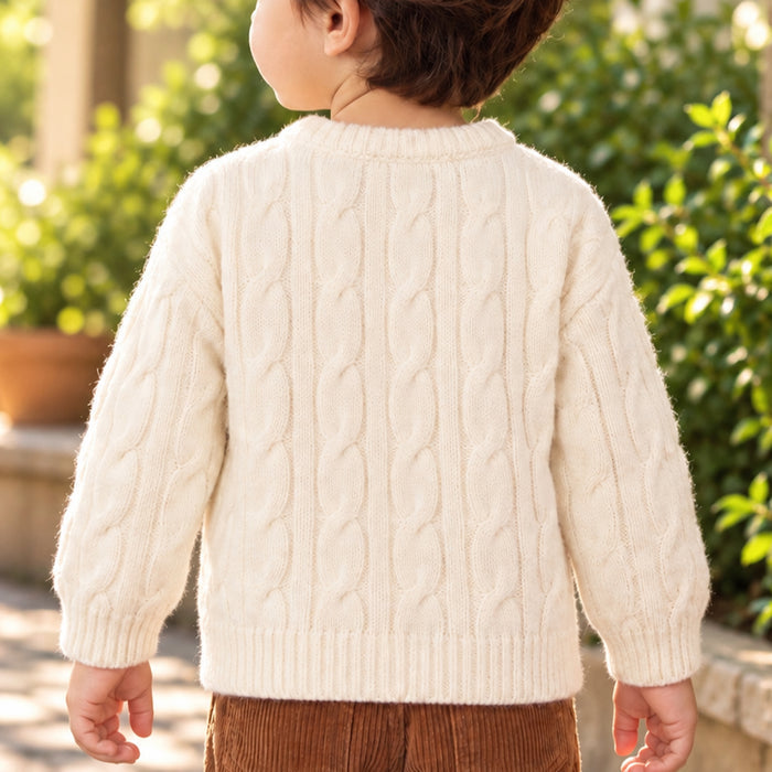 Toddler Boys Sweater in White with Knit Texture, Warm Fabric, Crew Neck & Ribbed Finish