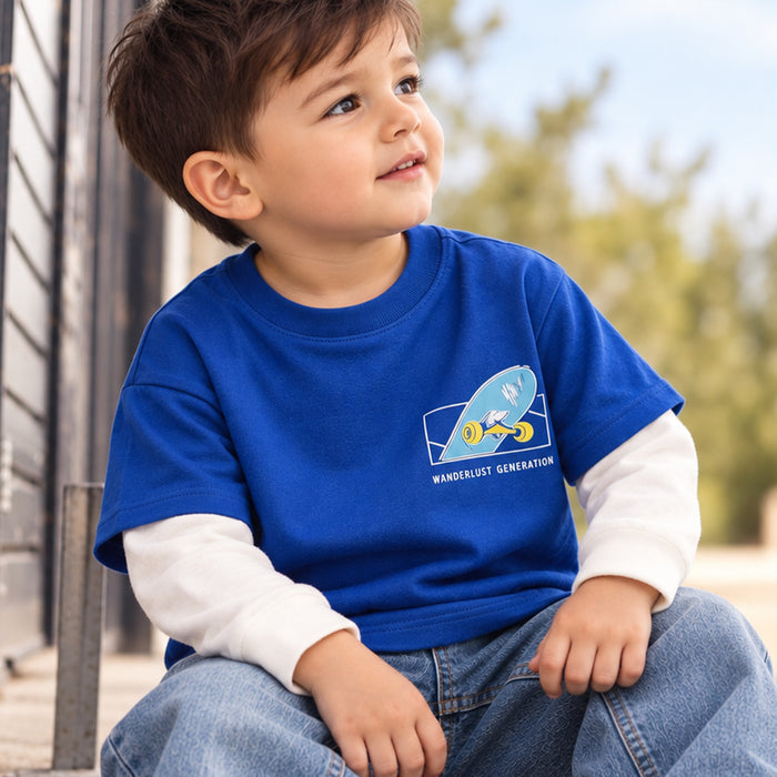 Toddler Boys Tshirt in Dark Blue with Graphic Print, Layered Full Sleeves & Crew Neck