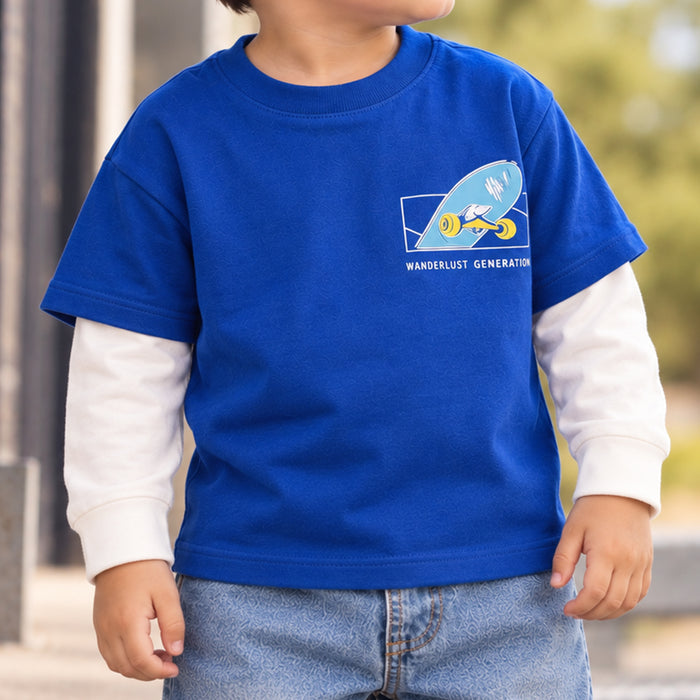 Toddler Boys Tshirt in Dark Blue with Graphic Print, Layered Full Sleeves & Crew Neck