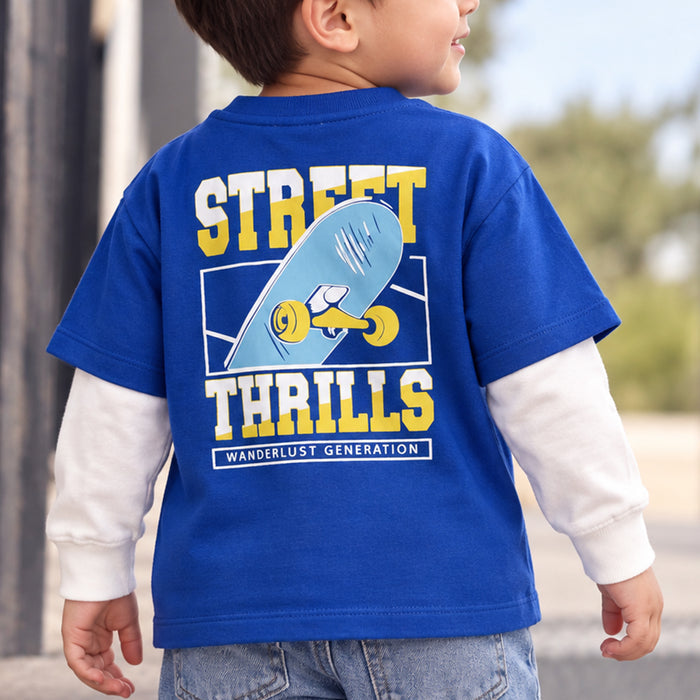 Toddler Boys Tshirt in Dark Blue with Graphic Print, Layered Full Sleeves & Crew Neck