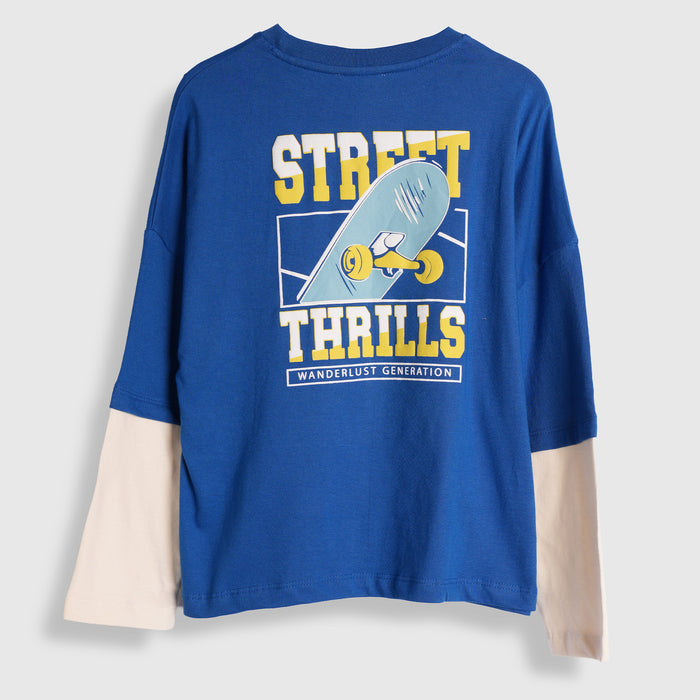 Toddler Boys Tshirt in Dark Blue with Graphic Print, Layered Full Sleeves & Crew Neck