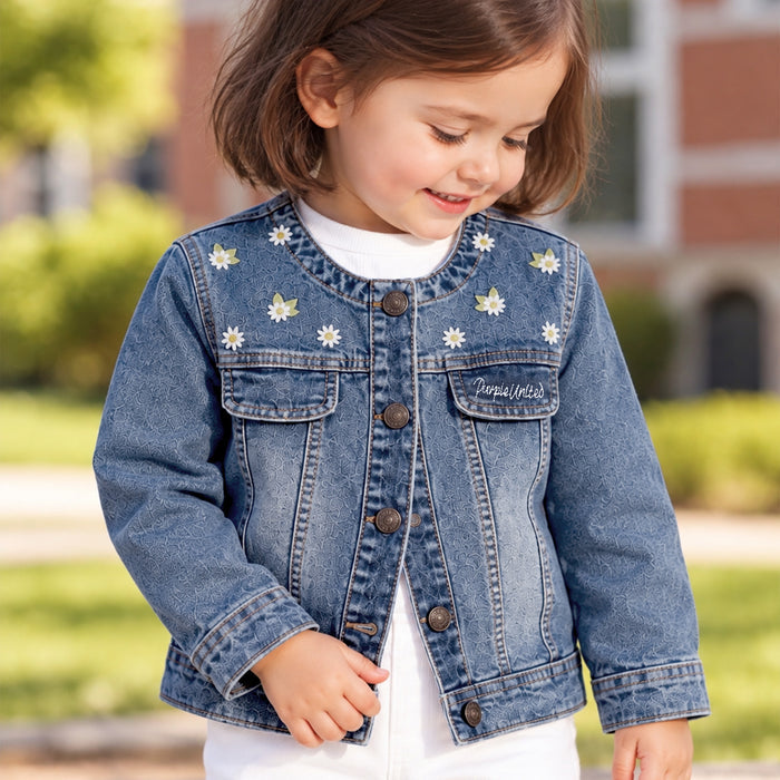 Toddler Girls Denim Jacket in Light Blue with Regular Fit, Floral Embroidery & Comfort Fabric