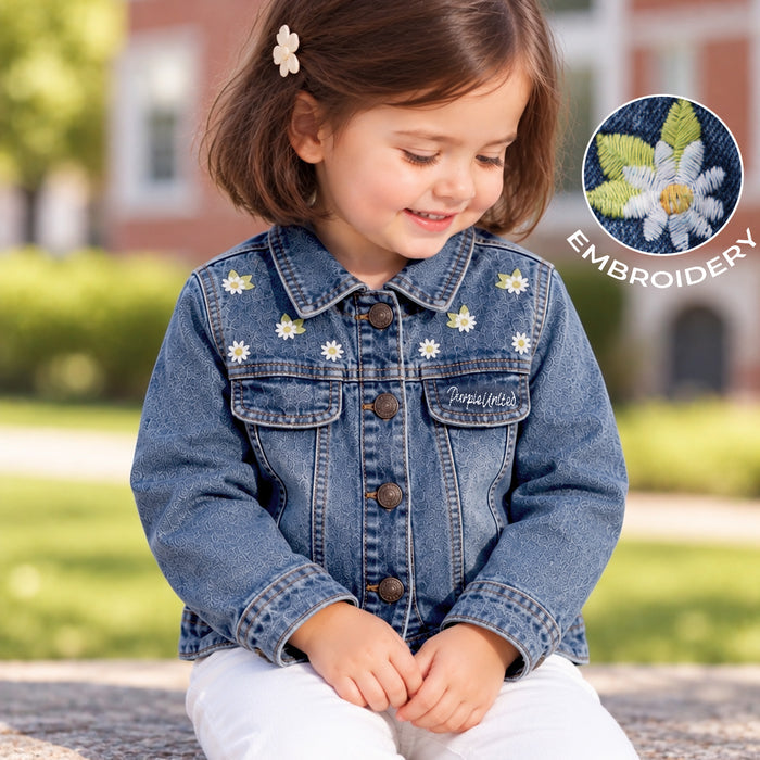 Toddler Girls Denim Jacket in Light Blue with Regular Fit, Floral Embroidery & Comfort Fabric