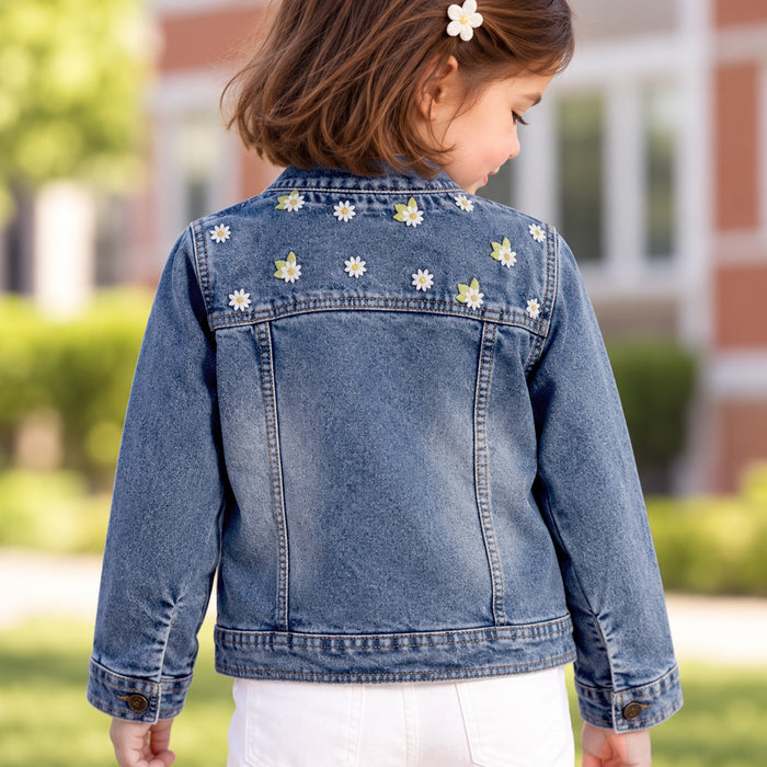 Toddler Girls Denim Jacket in Light Blue with Regular Fit, Floral Embroidery & Comfort Fabric