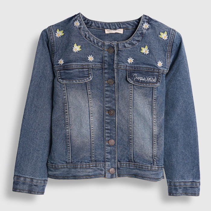 Toddler Girls Denim Jacket in Light Blue with Regular Fit, Floral Embroidery & Comfort Fabric