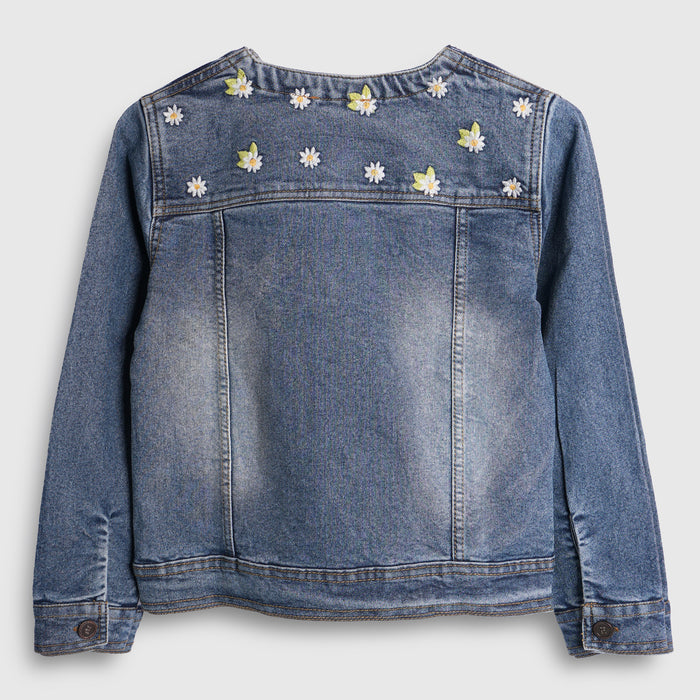 Toddler Girls Denim Jacket in Light Blue with Regular Fit, Floral Embroidery & Comfort Fabric