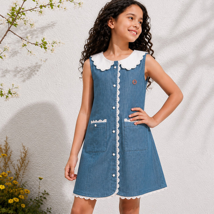 Toddler Girls Dress in Light Blue with Peter Pan Collar, Comfort Denim Fabric & Waist Belt
