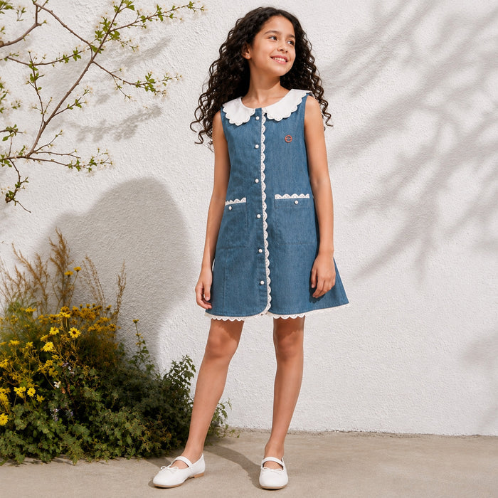 Toddler Girls Dress in Light Blue with Peter Pan Collar, Comfort Denim Fabric & Waist Belt