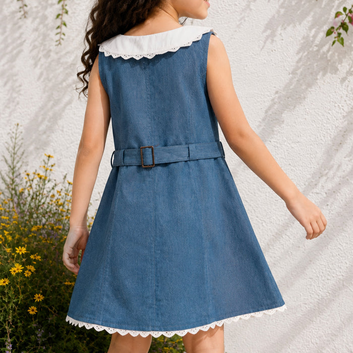 Toddler Girls Dress in Light Blue with Peter Pan Collar, Comfort Denim Fabric & Waist Belt