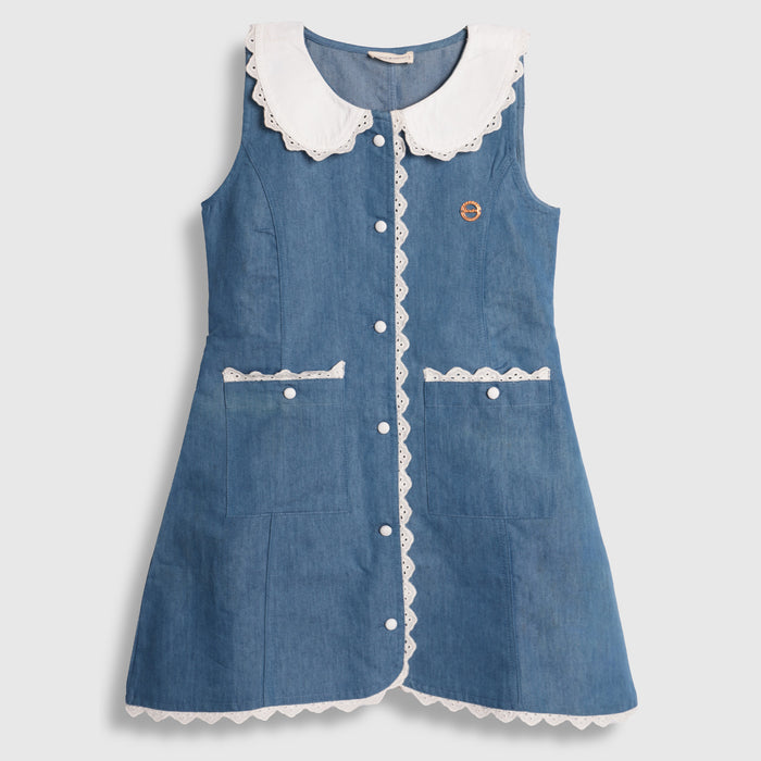 Toddler Girls Dress in Light Blue with Peter Pan Collar, Comfort Denim Fabric & Waist Belt