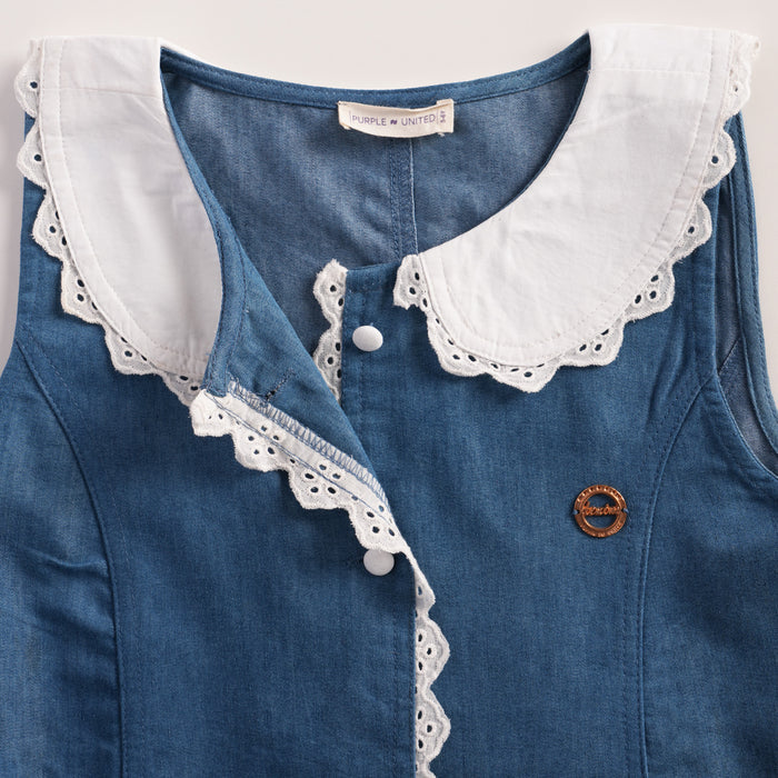 Toddler Girls Dress in Light Blue with Peter Pan Collar, Comfort Denim Fabric & Waist Belt