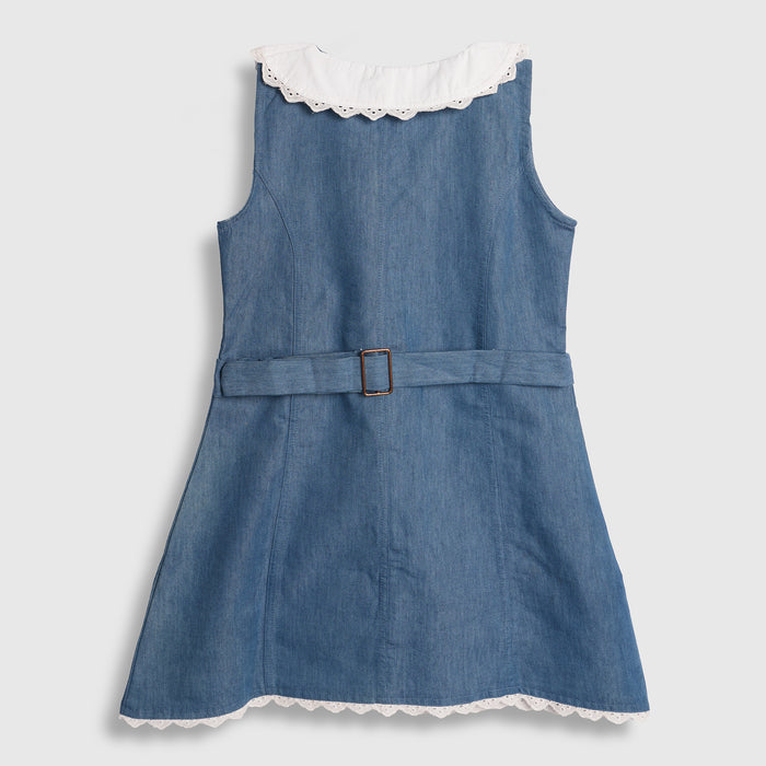 Toddler Girls Dress in Light Blue with Peter Pan Collar, Comfort Denim Fabric & Waist Belt